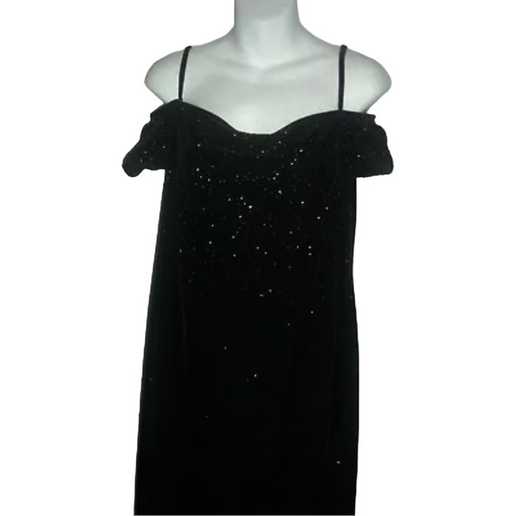 Vintage 90s Robbie Bee Black Crushed Velvet Long Glitter Dress Cold Shoulder y2k - Picture 7 of 10